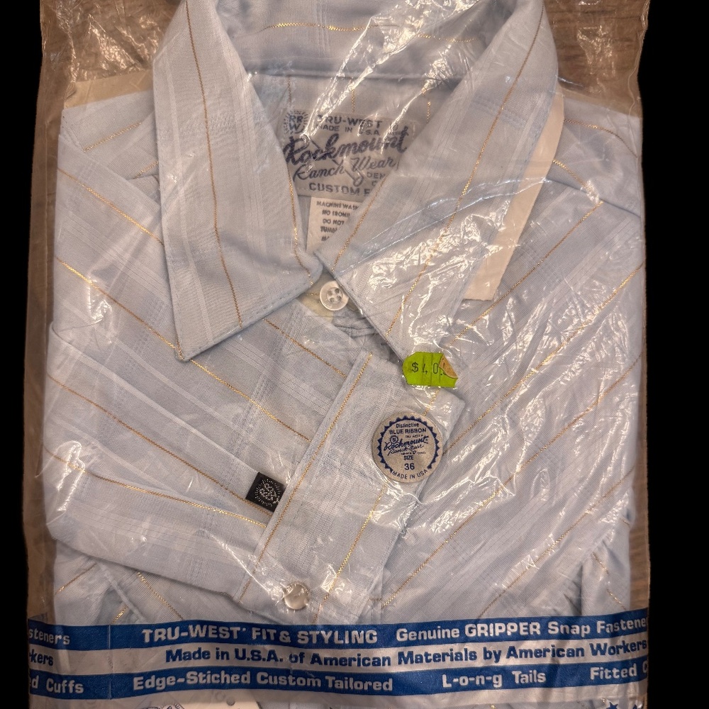 VINTAGE NEW Rockmount Ranch Women's Western Blue Gold Ruffle Front Long Sleeve